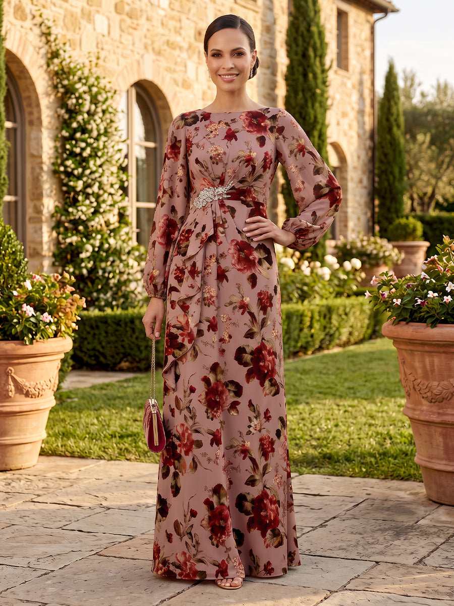 Floral Print Mermaid/Sheath Mother of the Bride/Groom Dresses Long Pleated Long Sleeves