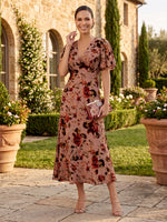 Floral Print Short Sleeves Mother of the Bride/Groom Dresses A Line Tea Length V Neck