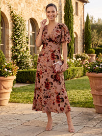 Floral Print Short Sleeves Mother of the Bride/Groom Dresses A Line Tea Length V Neck