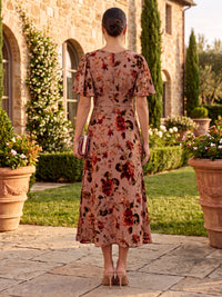 Floral Print Short Sleeves Mother of the Bride/Groom Dresses A Line Tea Length V Neck