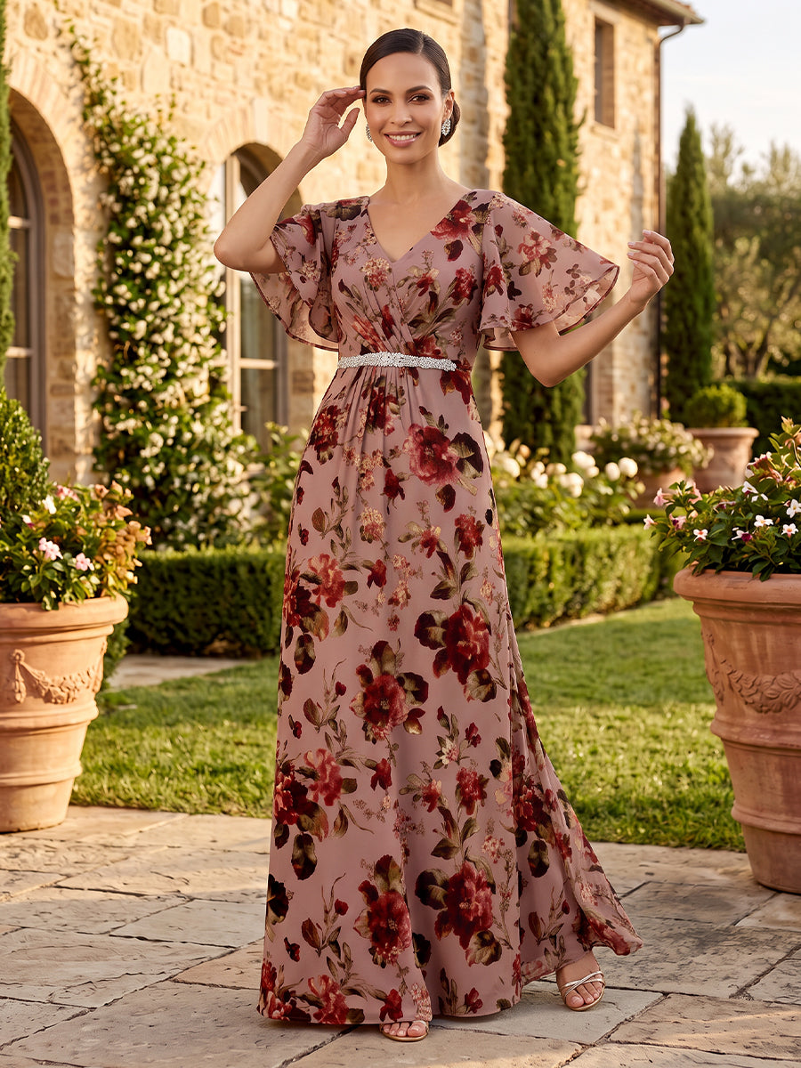 Floral Print Short Sleeves Mother of the Bride/Groom Dresses A Line Floor Length V Neck