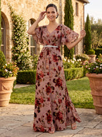 Floral Print Short Sleeves Mother of the Bride/Groom Dresses A Line Floor Length V Neck