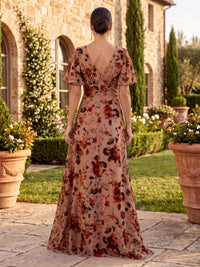 Floral Print Short Sleeves Mother of the Bride/Groom Dresses V Neck A Line Floor Length