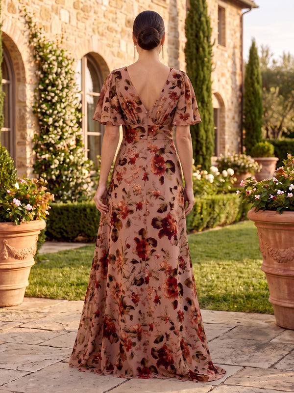 Floral Print Short Sleeves Mother of the Bride/Groom Dresses V Neck A Line Floor Length