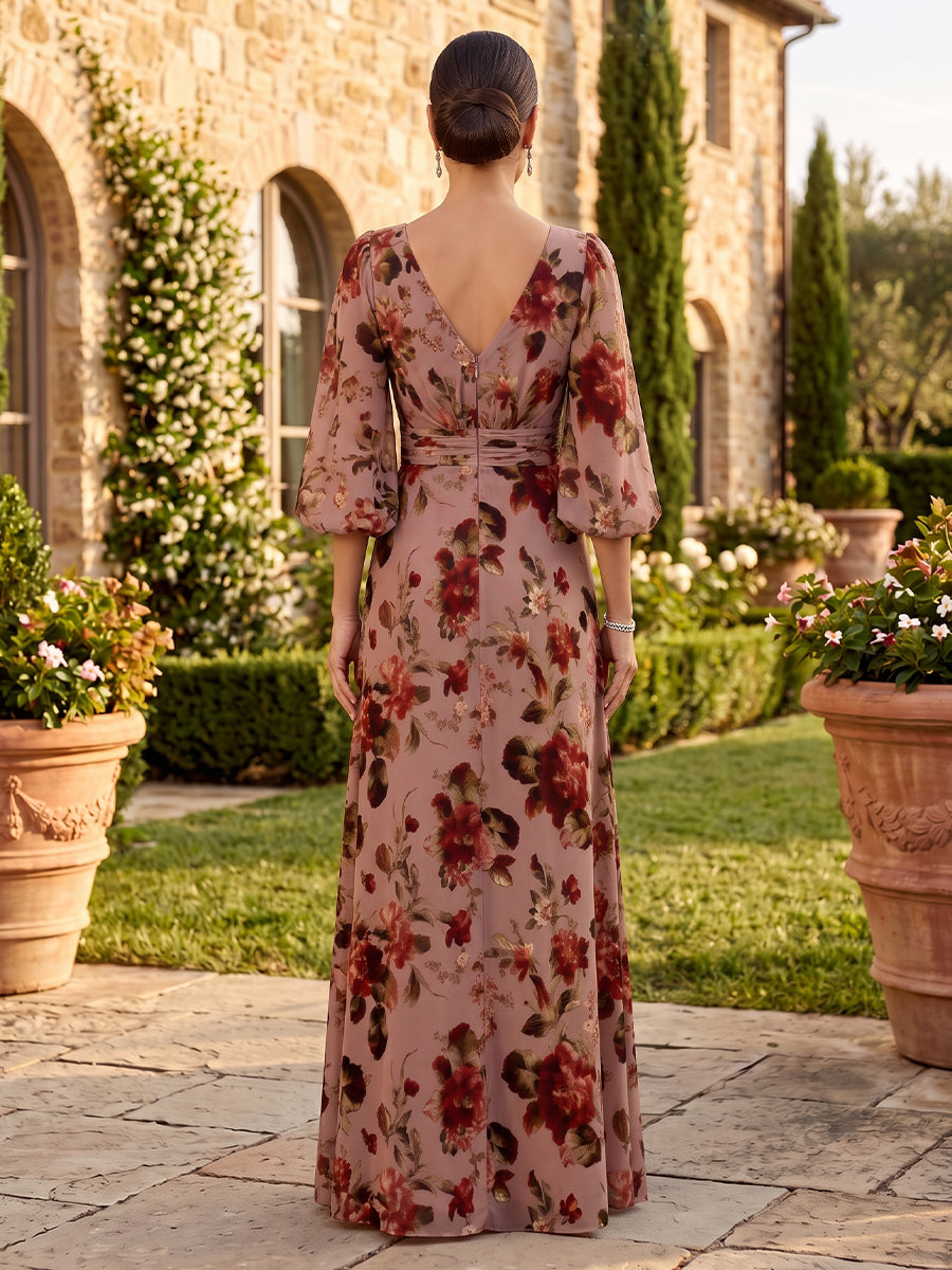 Floral Print Long Sleeves Mother of the Bride/Groom Dresses Floor Length V Neck A Line