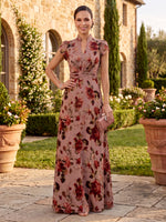 Floral Print Cap Sleeves Mother of the Bride/Groom Dresses Floor Length V Neck A Line