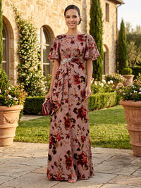 Floral Print Mermaid/Sheath Mother of the Bride/Groom Dresses Long Pleated Short Sleeves