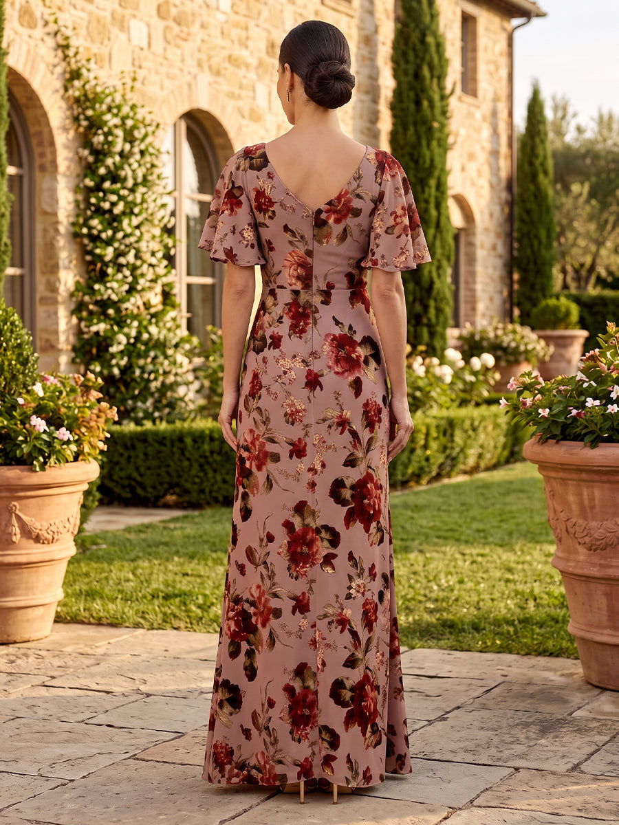 Floral Print Mermaid/Sheath Mother of the Bride/Groom Dresses Long Pleated Short Sleeves
