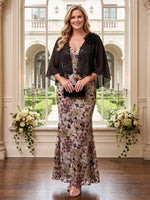Sequin Plus Size Short Sleeves  Mermaid/Sheath Mother of the Bride/Groom Dresses with Cap V Neck