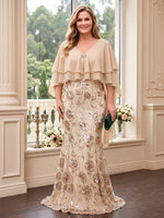 Sequin Plus Size Mother of the Bride/Groom Dresses with Cap Mermaid/Sheath Short Sleeves V Neck