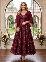 2 Pieces Sequin Plus Size Mother of the Bride/Groom Dresses with Cap V Neck Short Sleeves