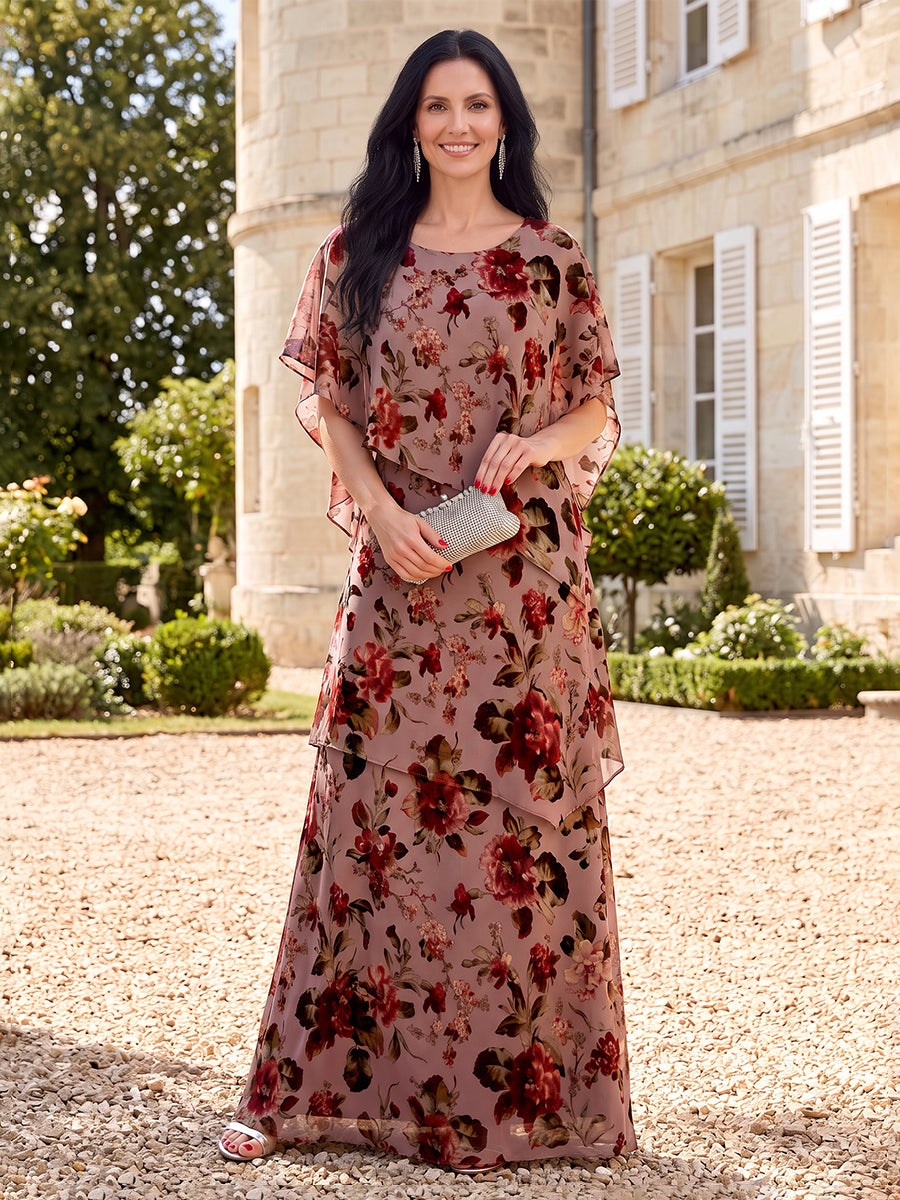Floral Print Tiered Mother of the Bride/Groom Dresses Round Neck Cape Sleeves