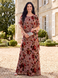 Floral Print Tiered Mother of the Bride/Groom Dresses Round Neck Cape Sleeves