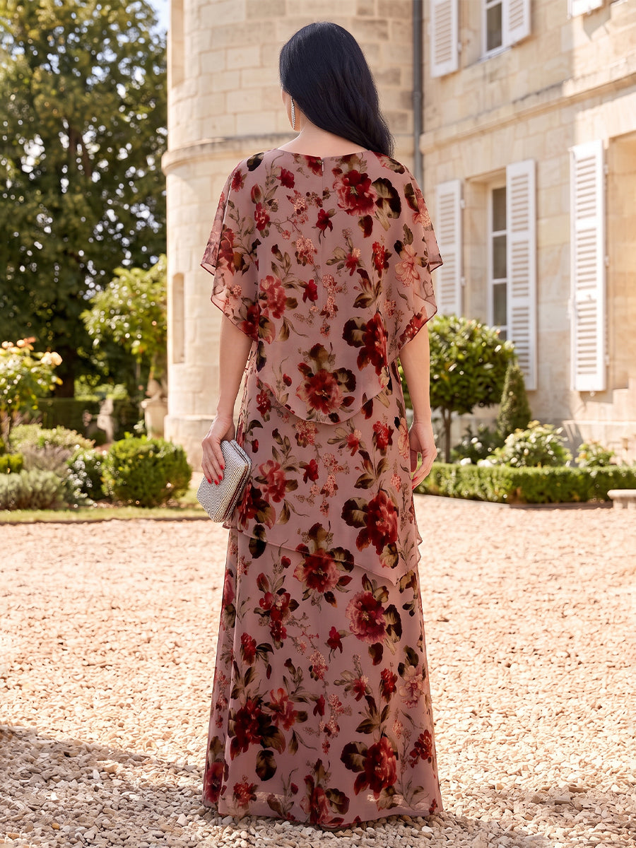 Floral Print Tiered Mother of the Bride/Groom Dresses Round Neck Cape Sleeves