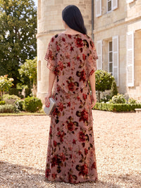 Floral Print Tiered Mother of the Bride/Groom Dresses Round Neck Cape Sleeves