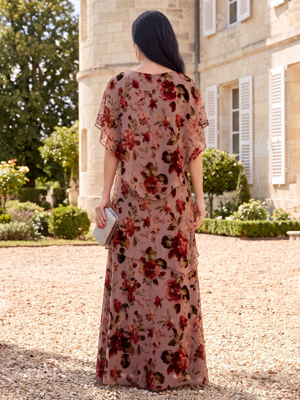 Floral Print Tiered Mother of the Bride/Groom Dresses Round Neck Cape Sleeves