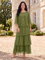 Chiffon Tiered Ruffles Mother of the Bride/Groom Dresses 3/4 Sleeves Round Neck Ankle Length