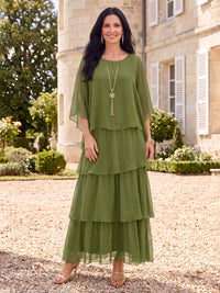 Chiffon Tiered Ruffles Mother of the Bride/Groom Dresses 3/4 Sleeves Round Neck Ankle Length