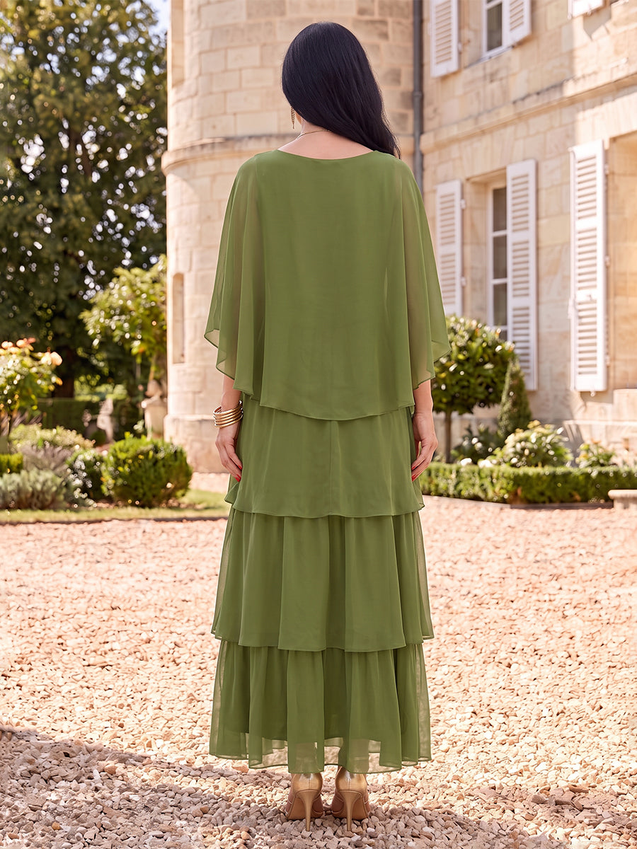 Chiffon Tiered Ruffles Mother of the Bride/Groom Dresses 3/4 Sleeves Round Neck Ankle Length