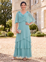 Chiffon Mother of the Bride Dresses A Line Cowl Neck Cape Sleeves Tiered Ruffles