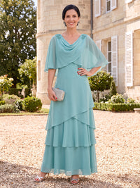 Chiffon Mother of the Bride Dresses A Line Cowl Neck Cape Sleeves Tiered Ruffles