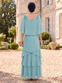 Chiffon Mother of the Bride Dresses A Line Cowl Neck Cape Sleeves Tiered Ruffles