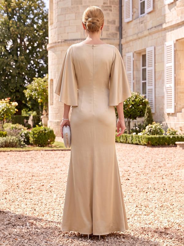 Satin Mother of the Bride/Groom Dresses Mermaid/Sheath Boat Neck Flutter Sleeves Ruffles