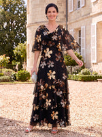 Floral Print Mother of the Bride/Groom Dresses A Line Cowl Neck Cape Sleeves Tiered
