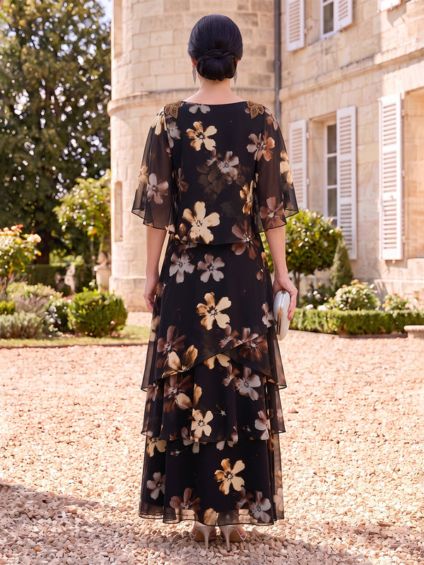 Floral Print Mother of the Bride/Groom Dresses A Line Cowl Neck Cape Sleeves Tiered