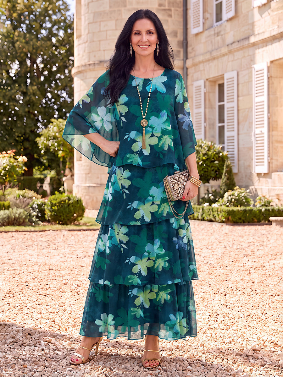 Floral Print Mother of the Bride/Groom Dresses A Line Round Neck Cape Sleeves Tiered