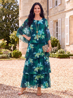 Floral Print Mother of the Bride/Groom Dresses A Line Round Neck Cape Sleeves Tiered