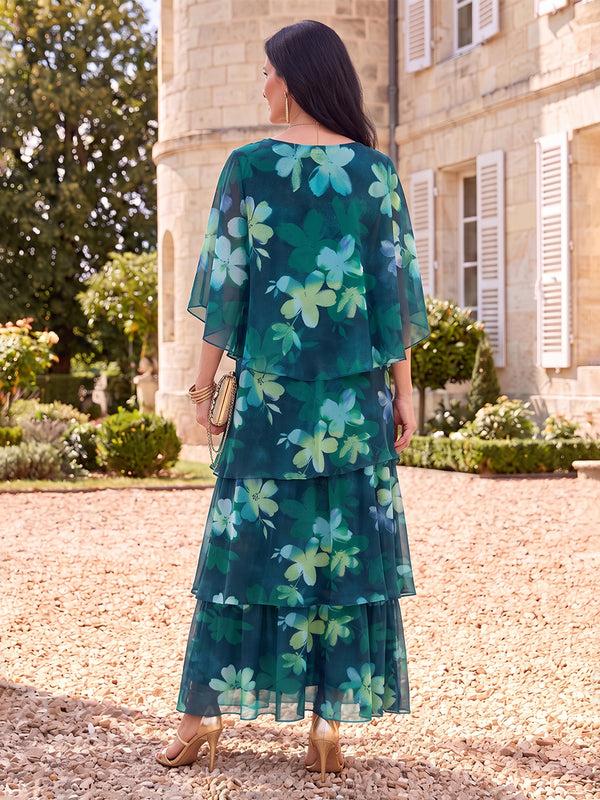 Floral Print Mother of the Bride/Groom Dresses A Line Round Neck Cape Sleeves Tiered