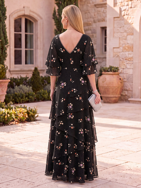 Floral Print Mother of the Bride/Groom Dresses A Line V Neck Flutter Sleeves Tiered Ruffles