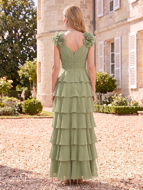 Chiffon Mother of the Bride Dresses A Line V Neck Cap Sleeves Tiered Ruffles