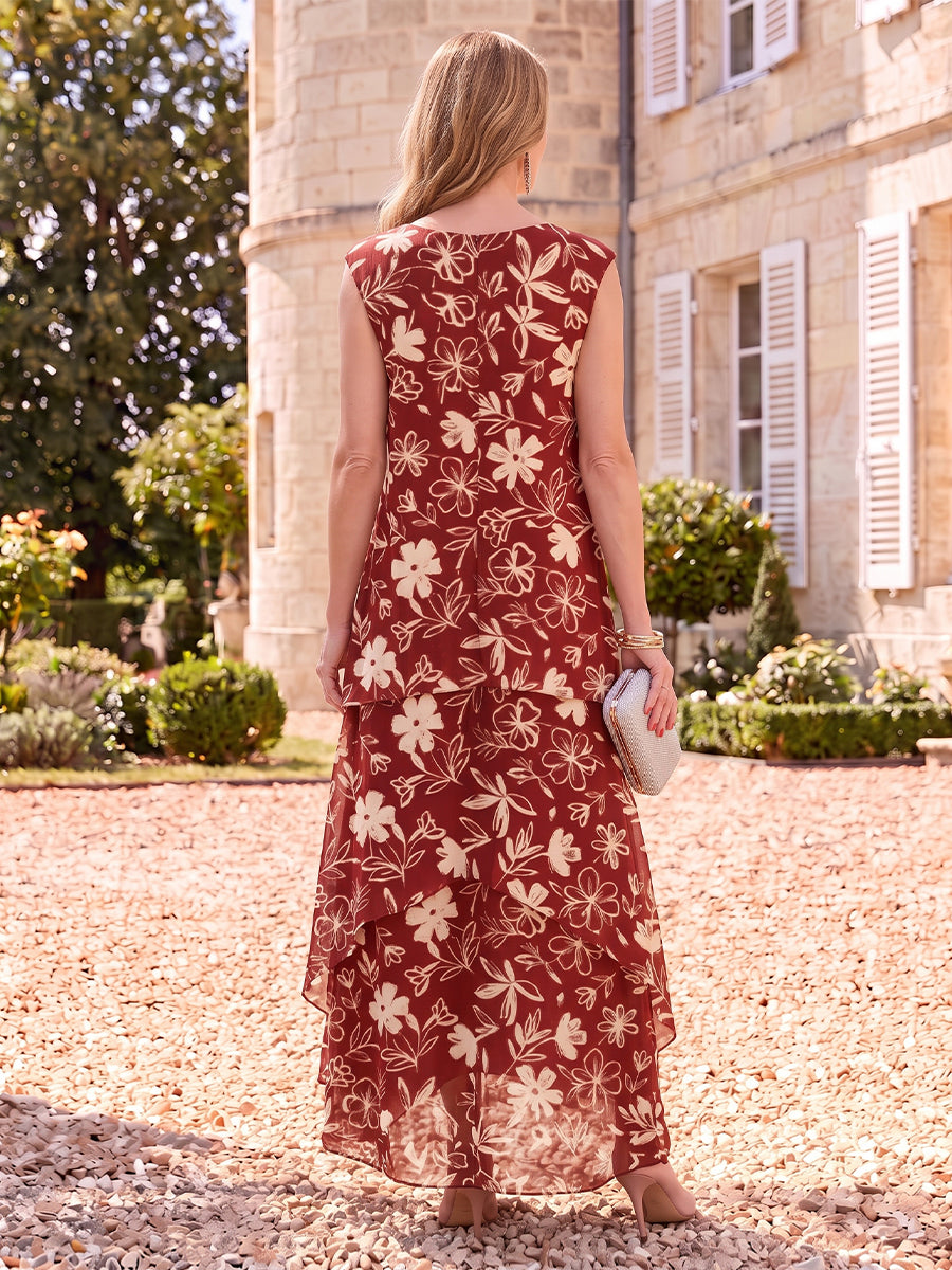 Floral Print Mother of the Bride/Groom Dresses Sleeveless Round Neck A Line Tiered