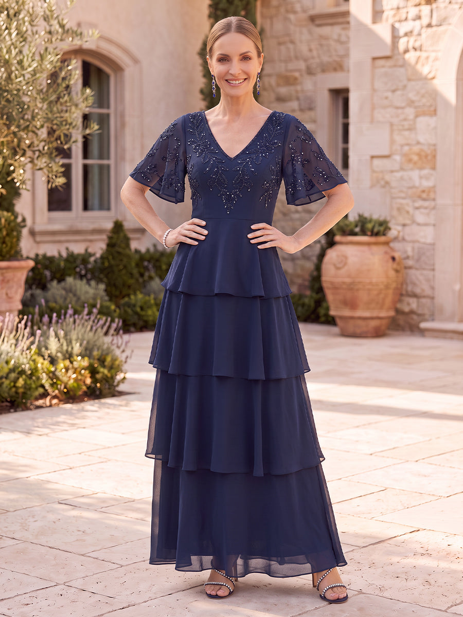 Chiffon Mother of the Bride/Groom Dresses A Line V Neck Short Sleeves Tiered Ruffles