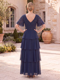 Chiffon Mother of the Bride/Groom Dresses A Line V Neck Short Sleeves Tiered Ruffles
