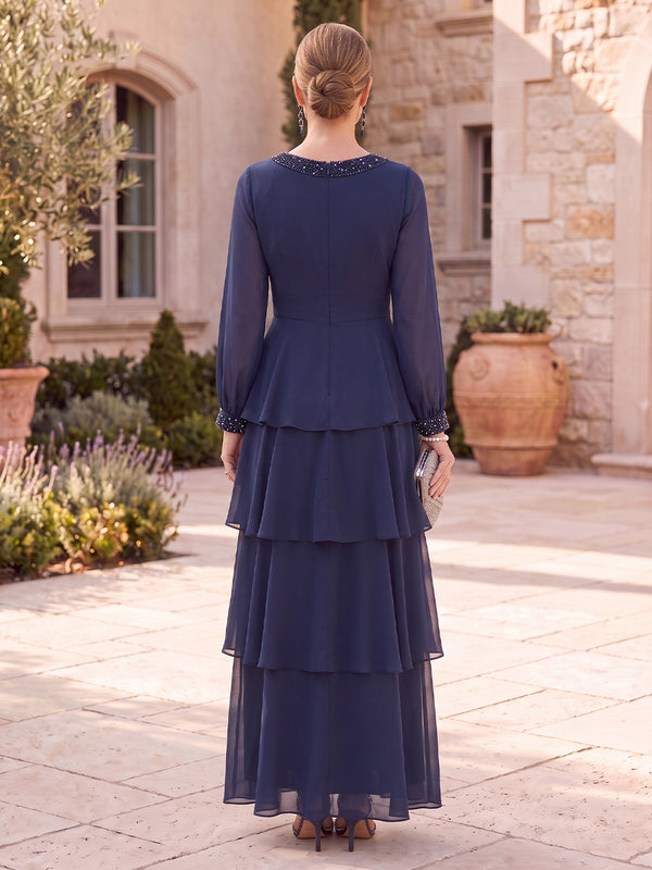 Chiffon Mother of the Bride/Groom Dresses A Line Round Neck Long Sleeves Tiered Ruffles