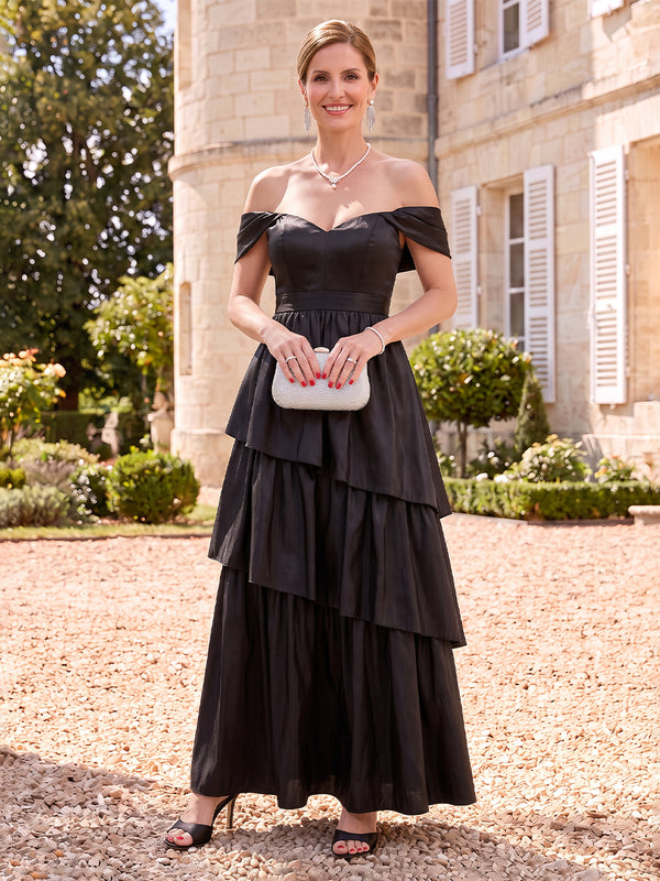 Satin Mother of the Bride/Groom Dresses A Line Off the Shoulder Sleeveless Tiered
