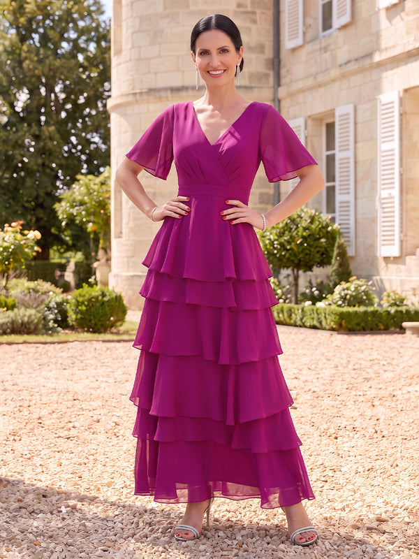 Chiffon Mother of the Bride/Groom Dresses A Line V Neck Short Sleeves Tiered Ruffles