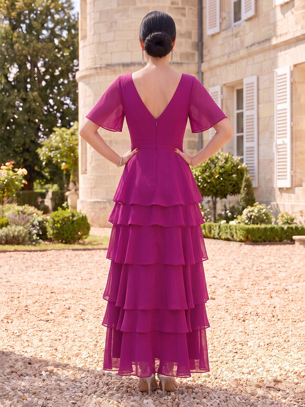 Chiffon Mother of the Bride/Groom Dresses A Line V Neck Short Sleeves Tiered Ruffles