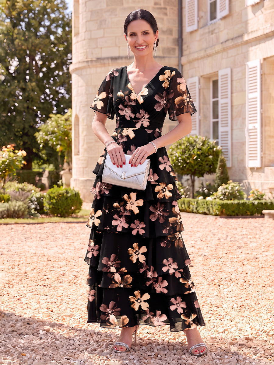 Floral Print Mother of the Bride/Groom Dresses A Line V Neck Short Sleeves Tiered Ruffles