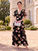Floral Print Mother of the Bride/Groom Dresses A Line V Neck Short Sleeves Tiered Ruffles