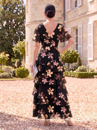 Floral Print Mother of the Bride/Groom Dresses A Line V Neck Short Sleeves Tiered Ruffles
