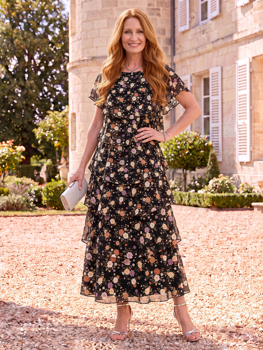 Floral Print Mother of the Bride/Groom Dresses A Line Scoop Neck Short Sleeves Tiered