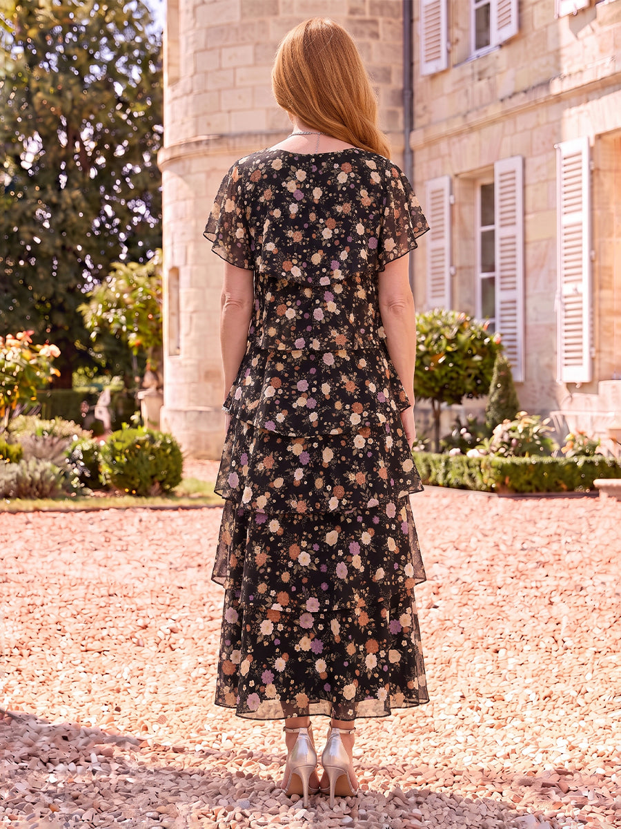 Floral Print Mother of the Bride/Groom Dresses A Line Scoop Neck Short Sleeves Tiered