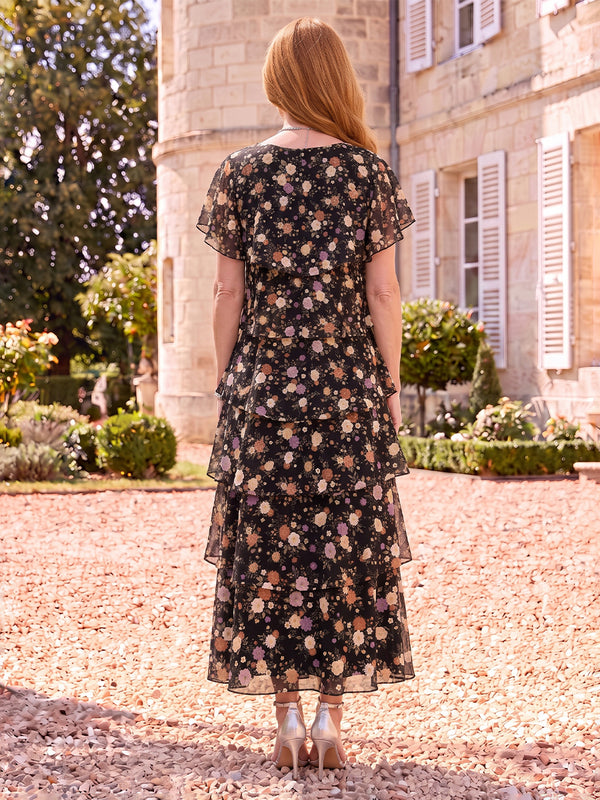 Floral Print Mother of the Bride/Groom Dresses A Line Scoop Neck Short Sleeves Tiered