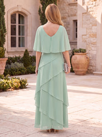 Chiffon Mother of the Bride Dresses A Line Round Neck Cape Sleeves Tiered Ruffles