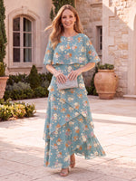 Floral Print Mother of the Bride/Groom Dresses A Line Round Neck Cape Sleeves Tiered