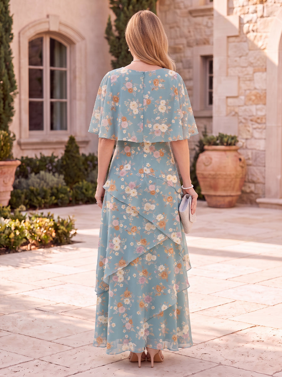 Floral Print Mother of the Bride/Groom Dresses A Line Round Neck Cape Sleeves Tiered